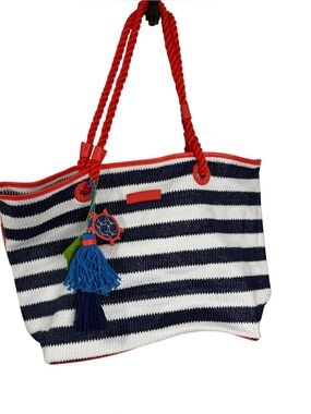 Vera Bradley classical Striped Navy & White Beach Tote with Red Trim NWT